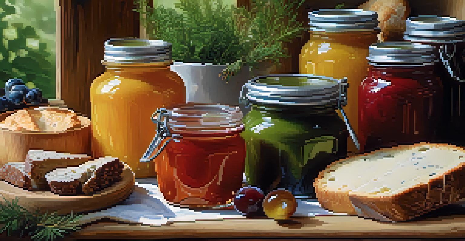 A close-up view of a wooden table displaying handmade jams, cheeses, and bread in soft natural light.