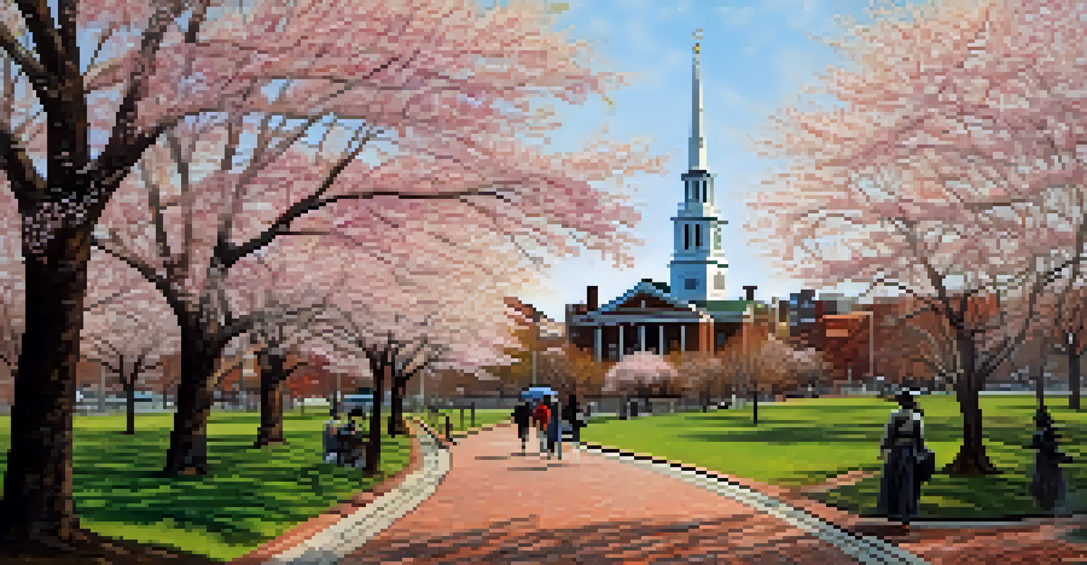 A view of the Freedom Trail in Boston, with the Old North Church in the background and cherry blossom trees along the path.