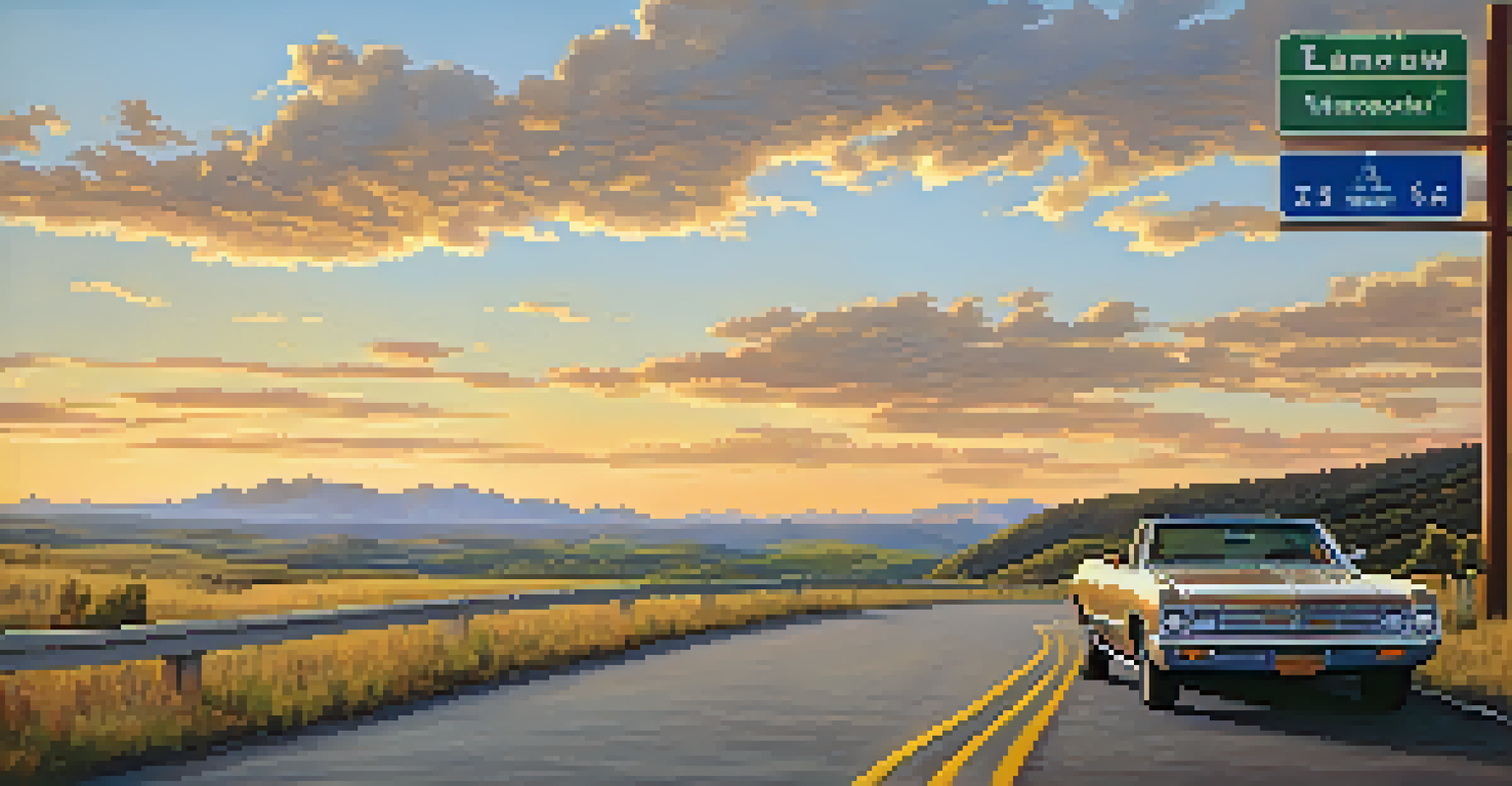 A scenic roadside view in the U.S. with a parked car and mountains, under a golden sunset sky.