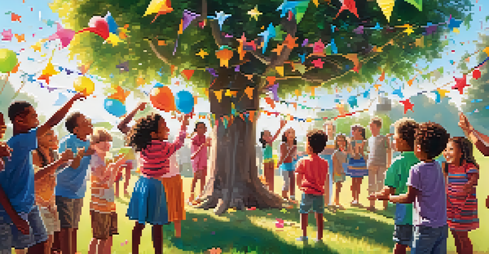 A lively outdoor birthday party with children excitedly gathered around a colorful star-shaped piñata hanging from a tree.