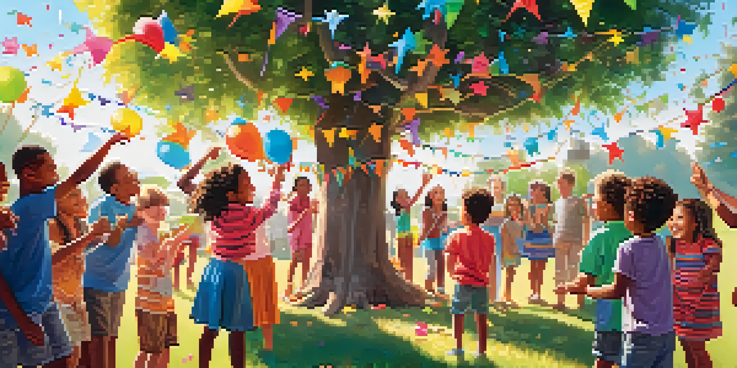 A lively outdoor birthday party with children excitedly gathered around a colorful star-shaped piñata hanging from a tree.