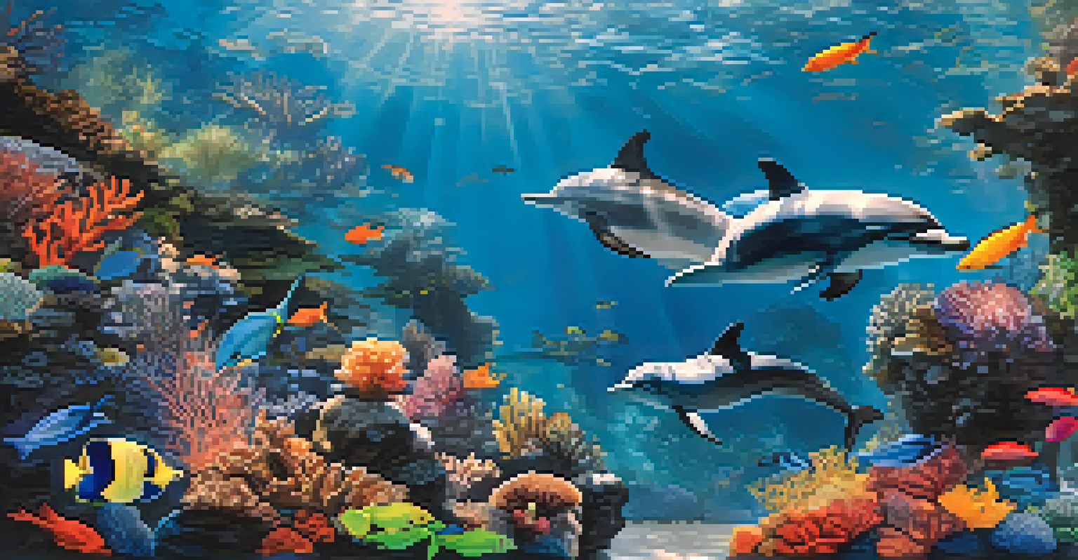 A dolphin swimming in the Shedd Aquarium, surrounded by tropical fish and coral, with visitors observing from above.