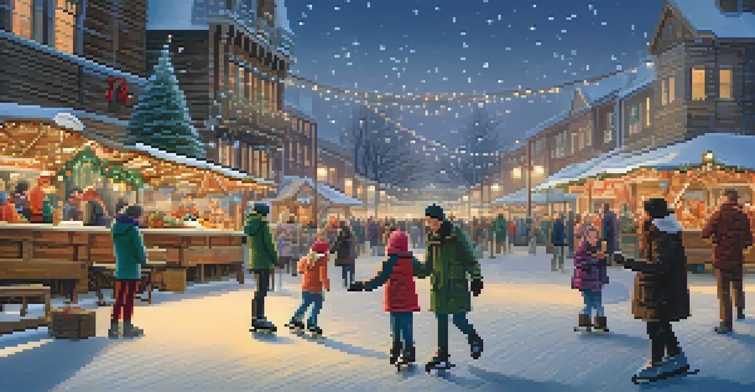 Families ice skating and enjoying a winter festival with holiday lights and snow.