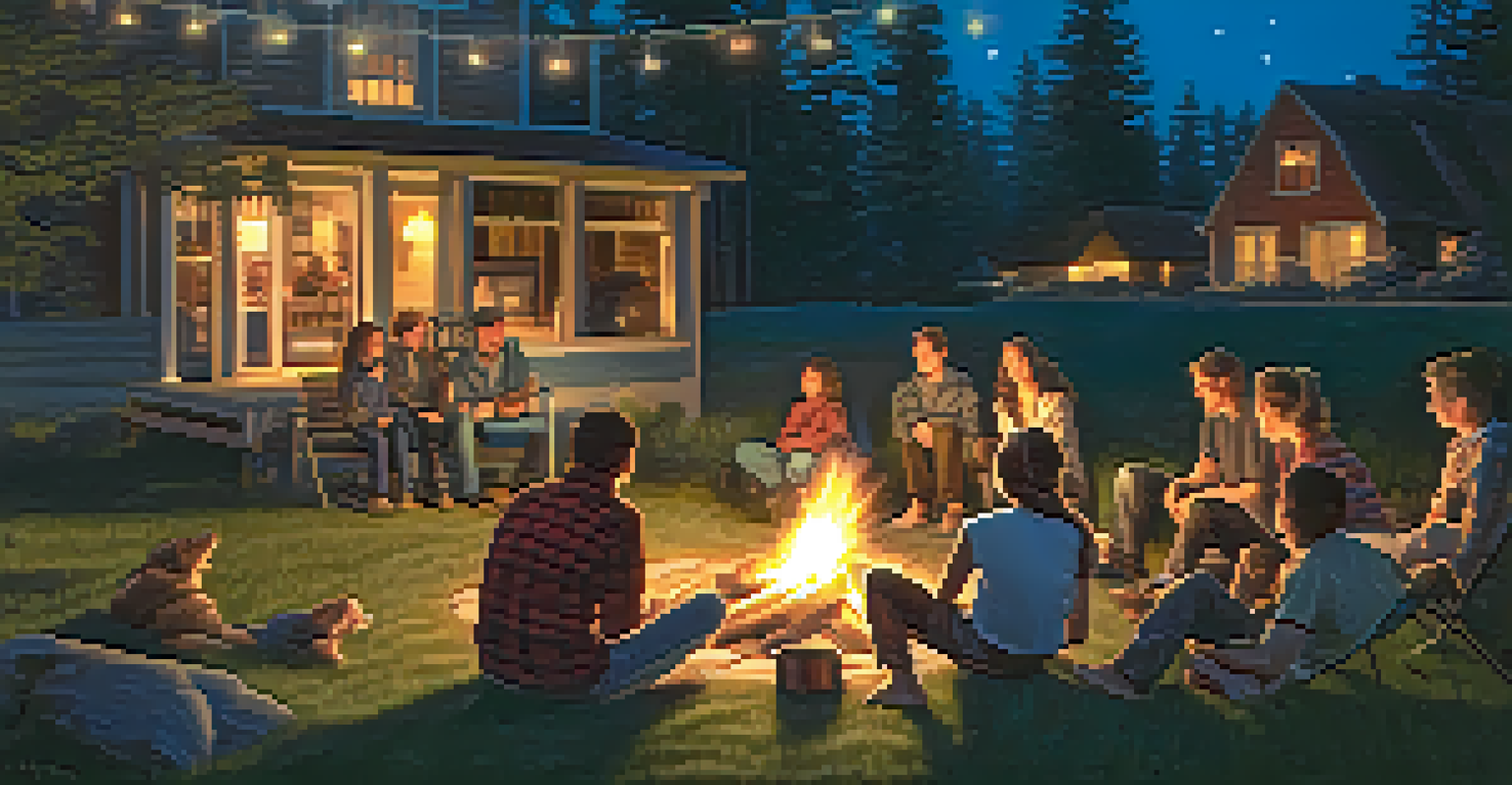 A family sitting around a campfire at dusk, sharing stories and roasting marshmallows, with stars visible in the dark sky.