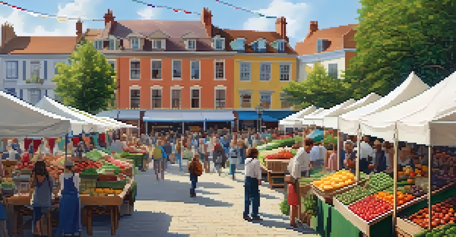 A lively farmers' market with colorful stalls filled with produce, people engaging with vendors, and historic buildings in the background.