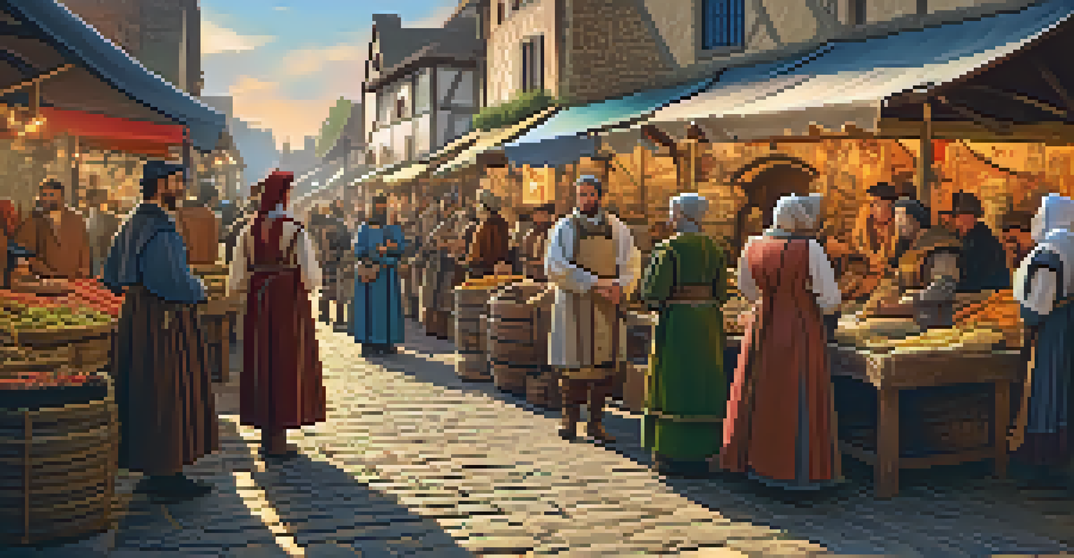 A medieval market scene with characters in period costumes interacting among colorful stalls and vibrant goods.