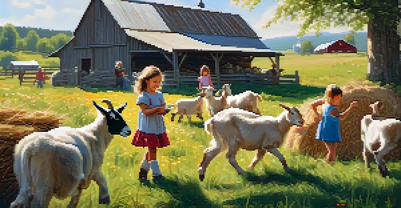 Children feeding goats on a farm with a barn and wildflowers in the background.
