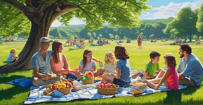 A family enjoying a picnic in a national park, with a picnic blanket, food basket, and children playing in the background.