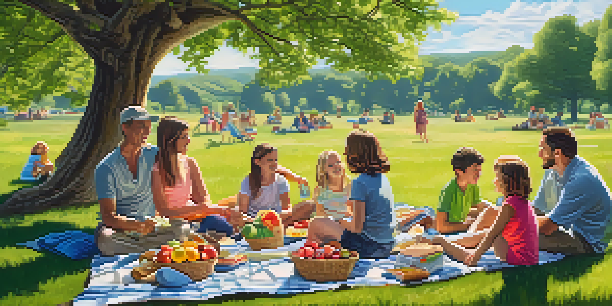 A family enjoying a picnic in a national park, with a picnic blanket, food basket, and children playing in the background.