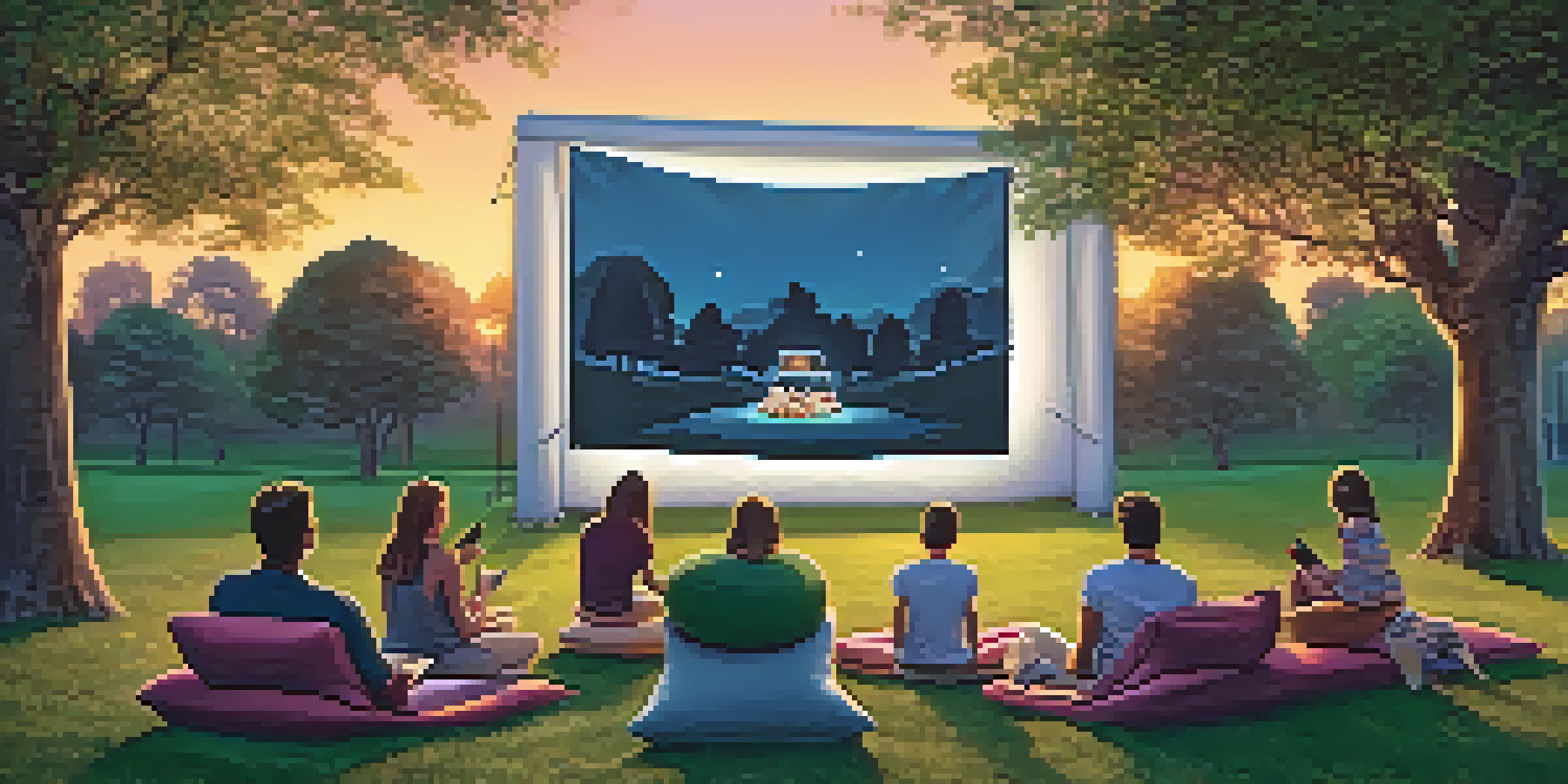 An outdoor film screening in a park at dusk, with a large screen, families enjoying snacks, and fairy lights in the trees.