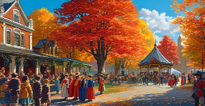 A colorful heritage park in autumn with children in historical costumes participating in a festival near a historical monument under a clear blue sky.