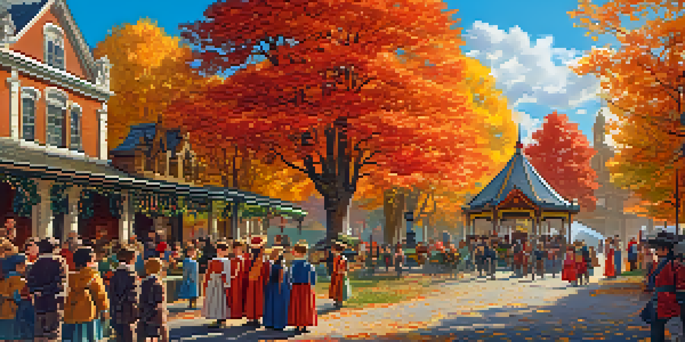 A colorful heritage park in autumn with children in historical costumes participating in a festival near a historical monument under a clear blue sky.