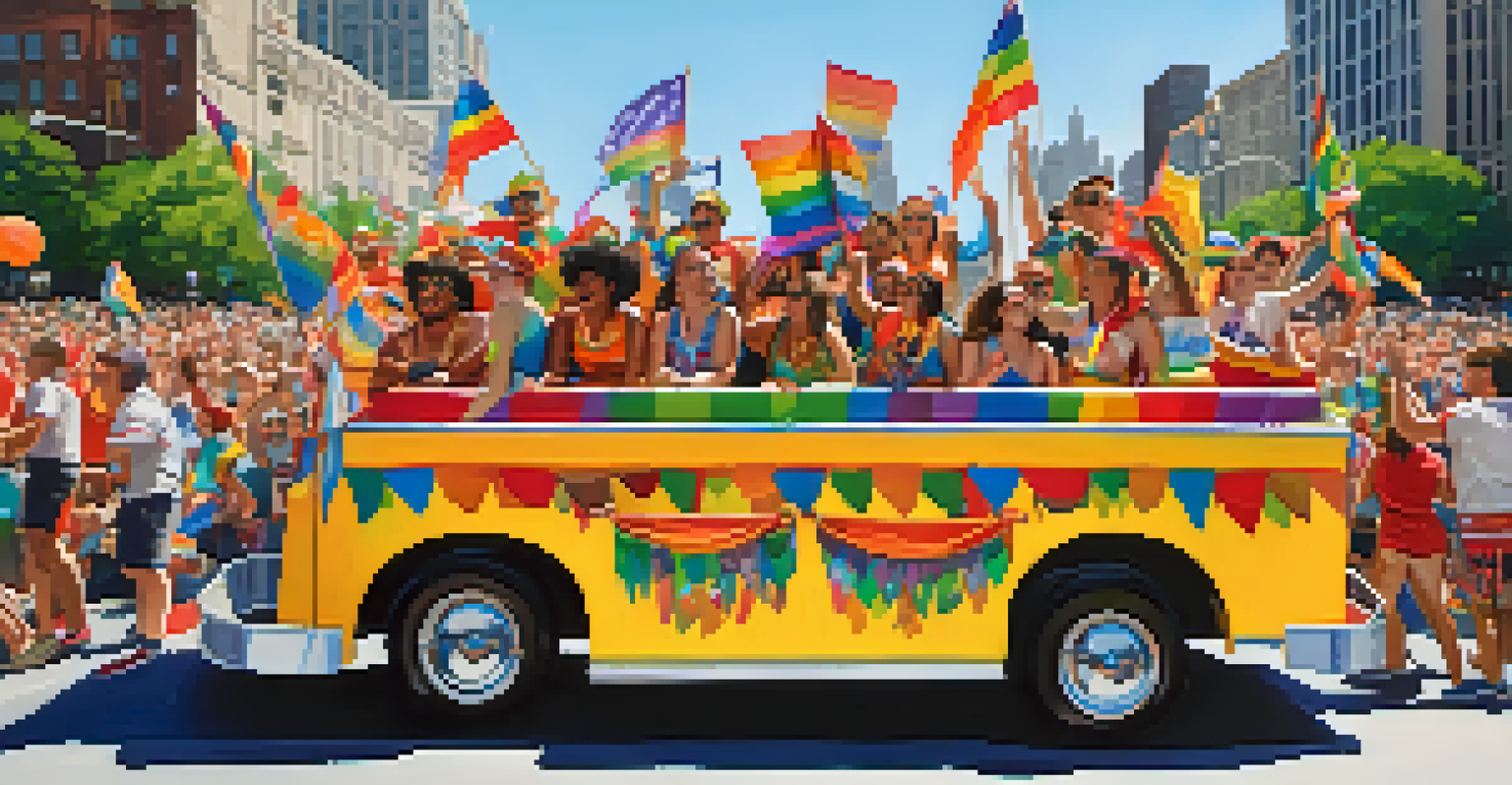 Participants on a colorful float at the Chicago Pride Parade, celebrating diversity with a cheering crowd in the background under a blue sky.