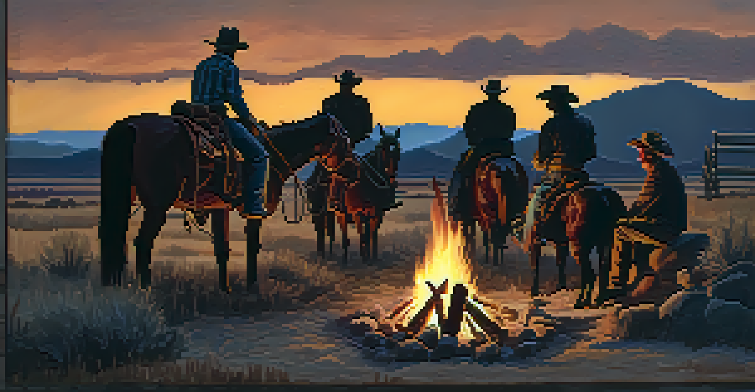 A group of cowboys sitting around a campfire at dusk, with warm firelight illuminating their faces and a starry sky above.