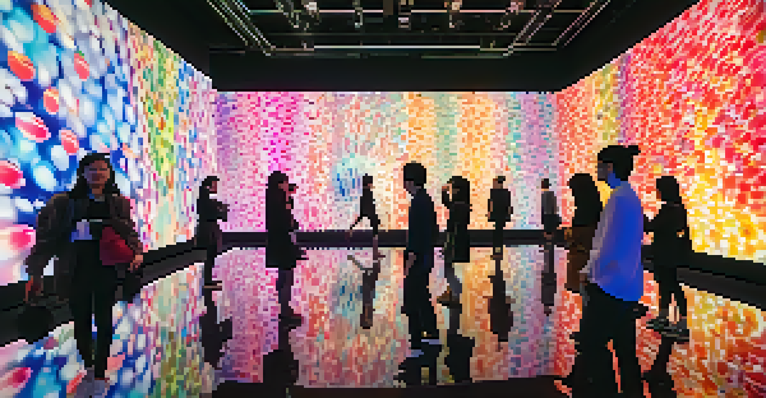 Visitors engaging with a colorful light installation at a contemporary art museum in Tokyo.
