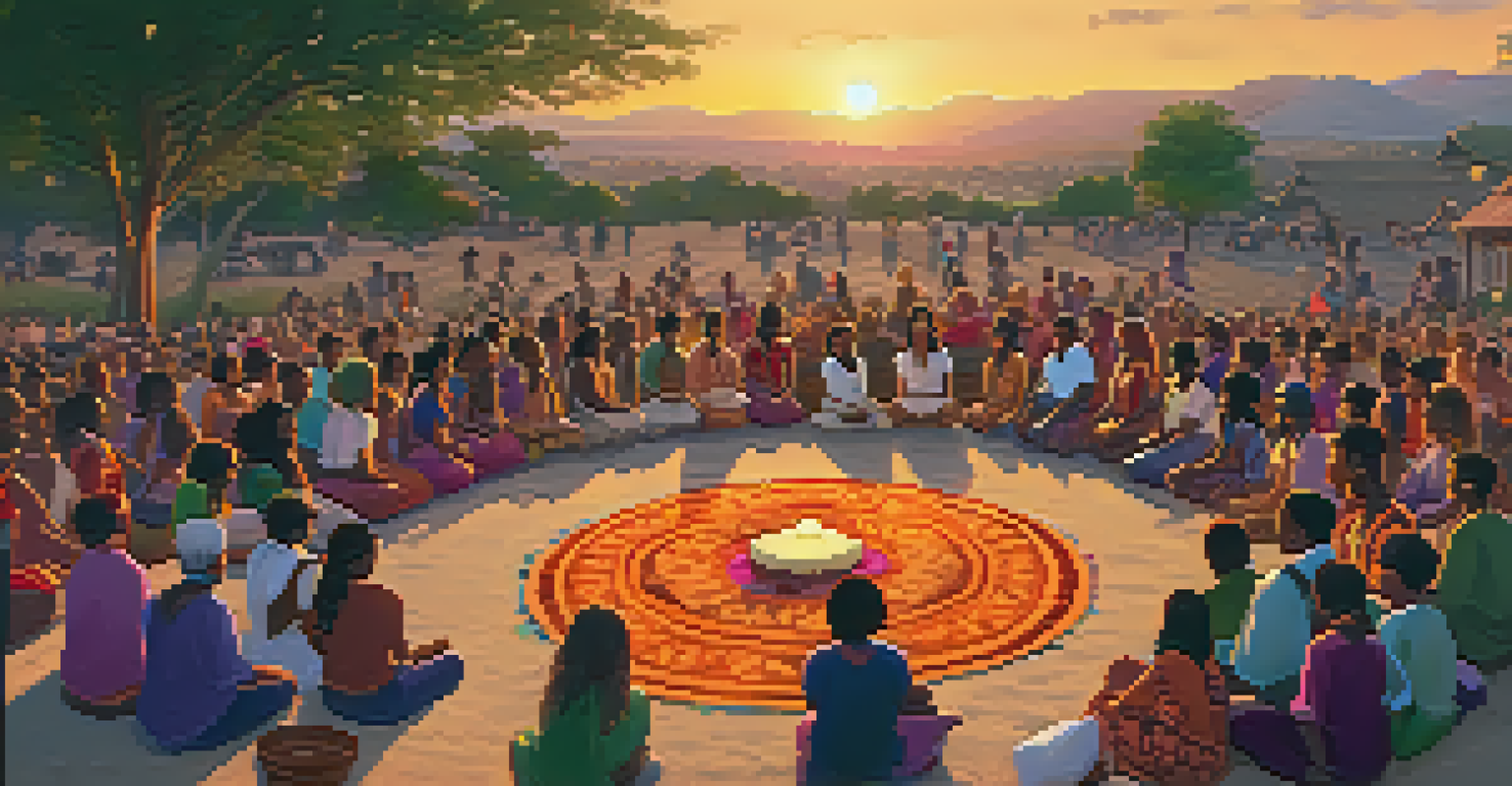 Silhouetted participants drumming together in a circle at sunset, with vibrant colors in the sky creating a sense of unity.