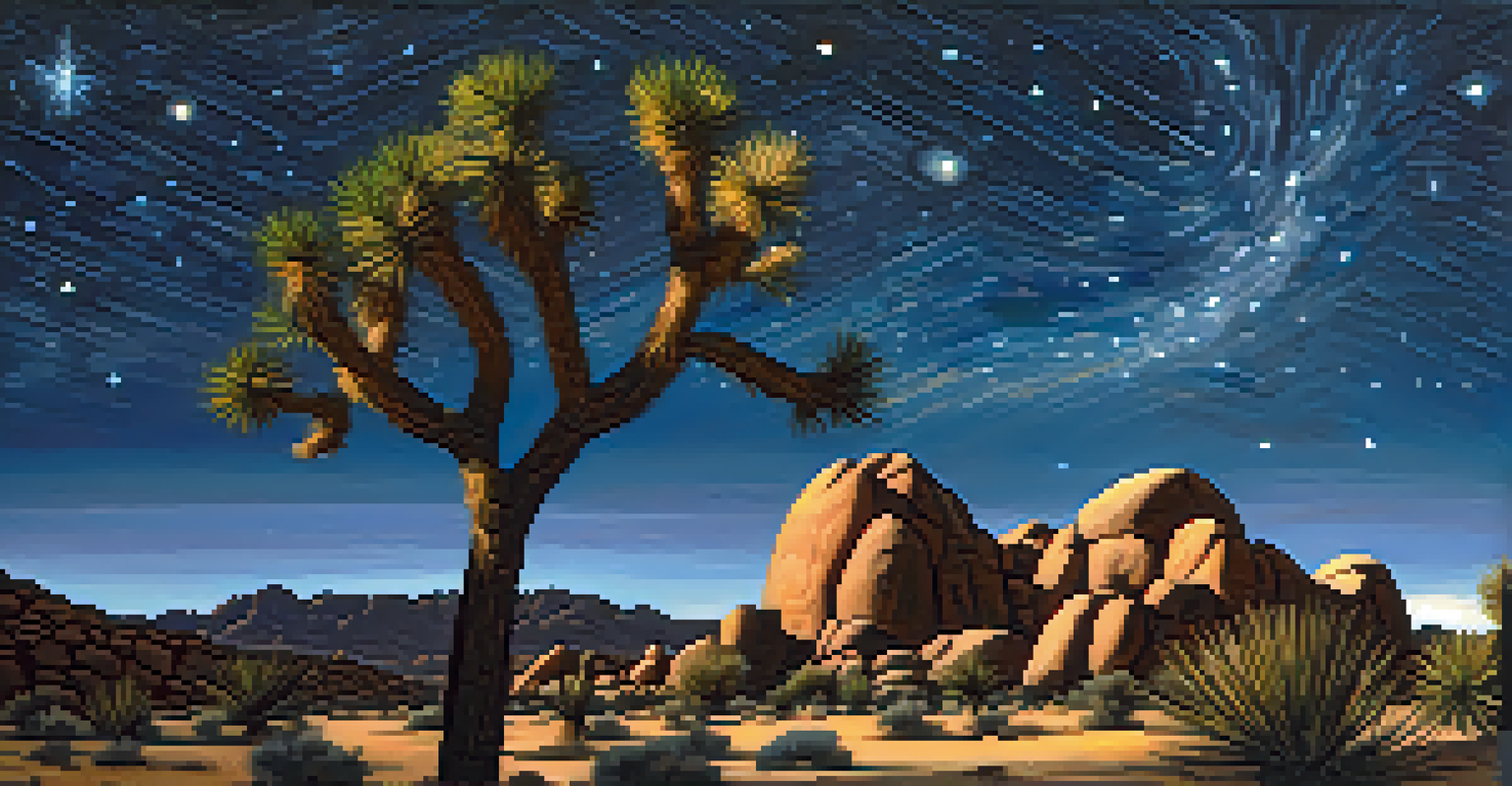 A night scene at Joshua Tree National Park with unique rocks and a joshua tree under a starry sky.