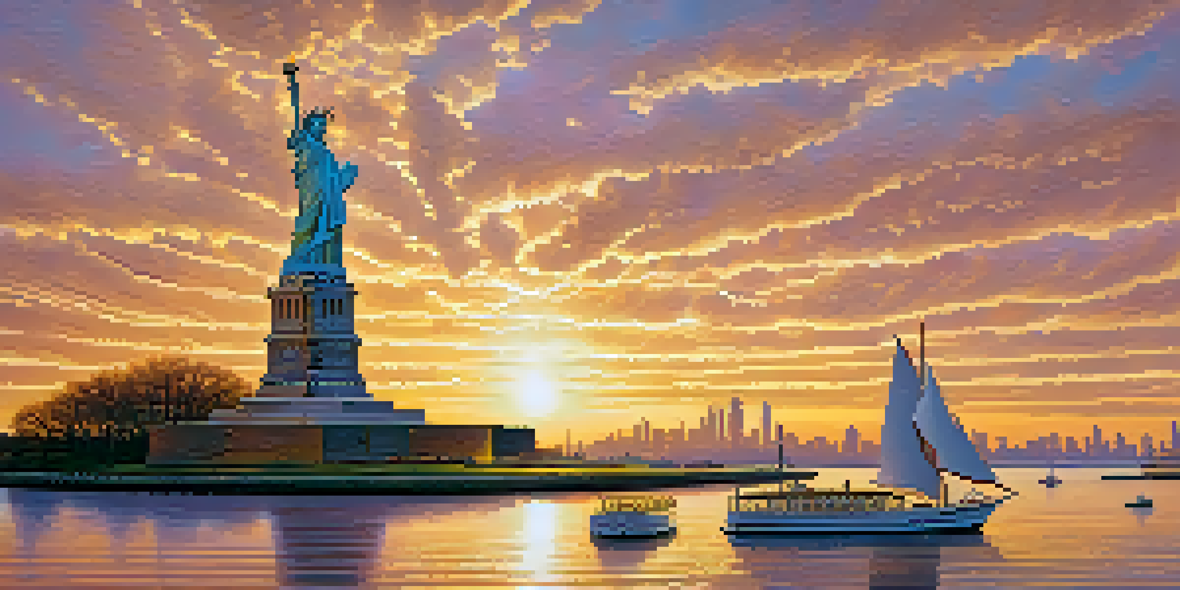 A vibrant sunset view of the Statue of Liberty with the New York City skyline in the background and boats in the harbor.