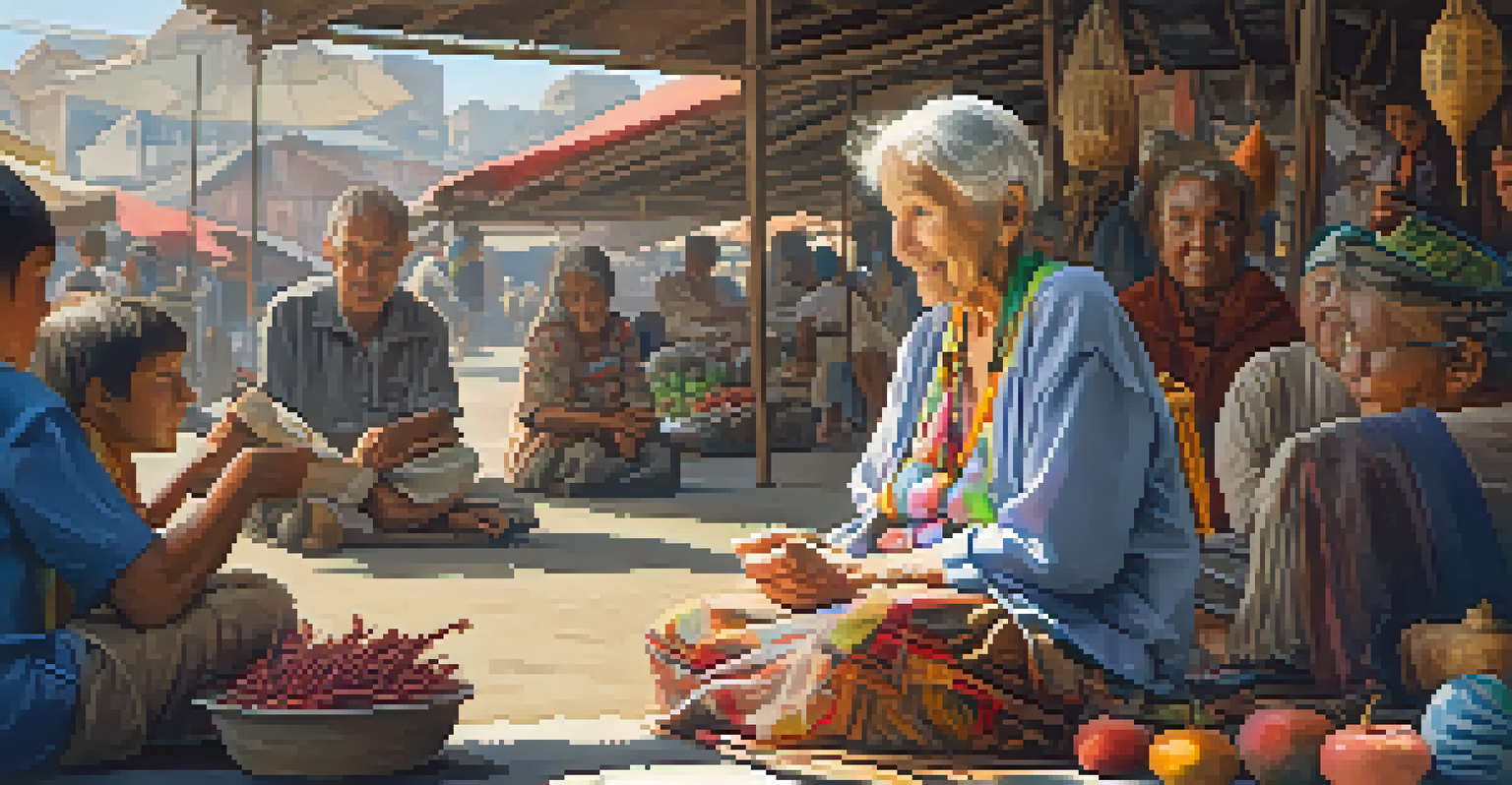 An elderly woman storytelling in a market, surrounded by tourists, with colorful stalls in the background.
