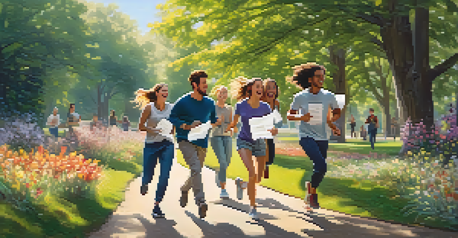 A group of friends running through a park during a scavenger hunt, with blooming flowers and sunlight filtering through the trees.