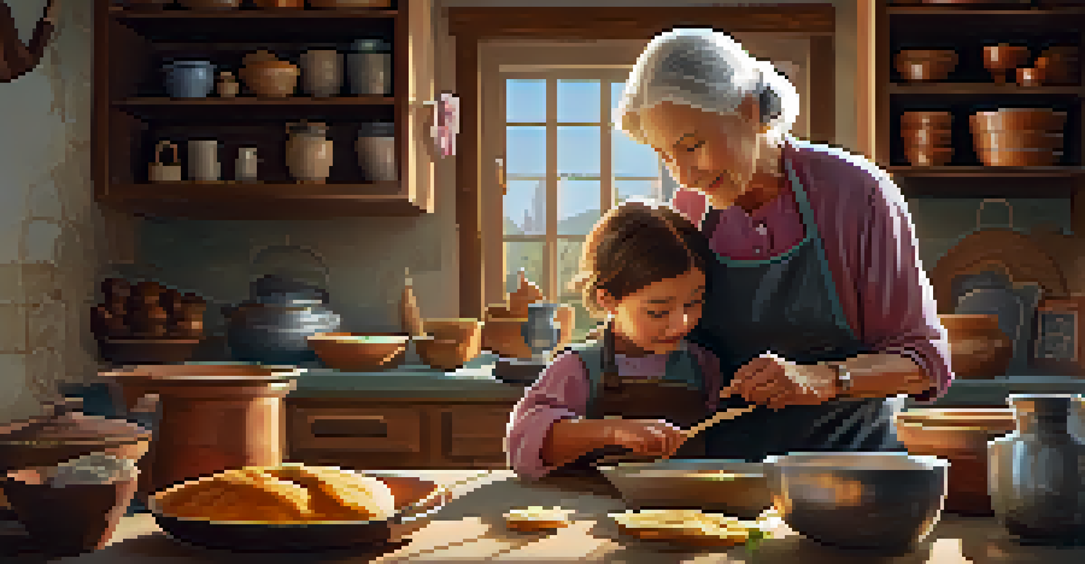 An elderly woman teaching a child to cook in a warm, cozy kitchen, showcasing a moment of cultural heritage.