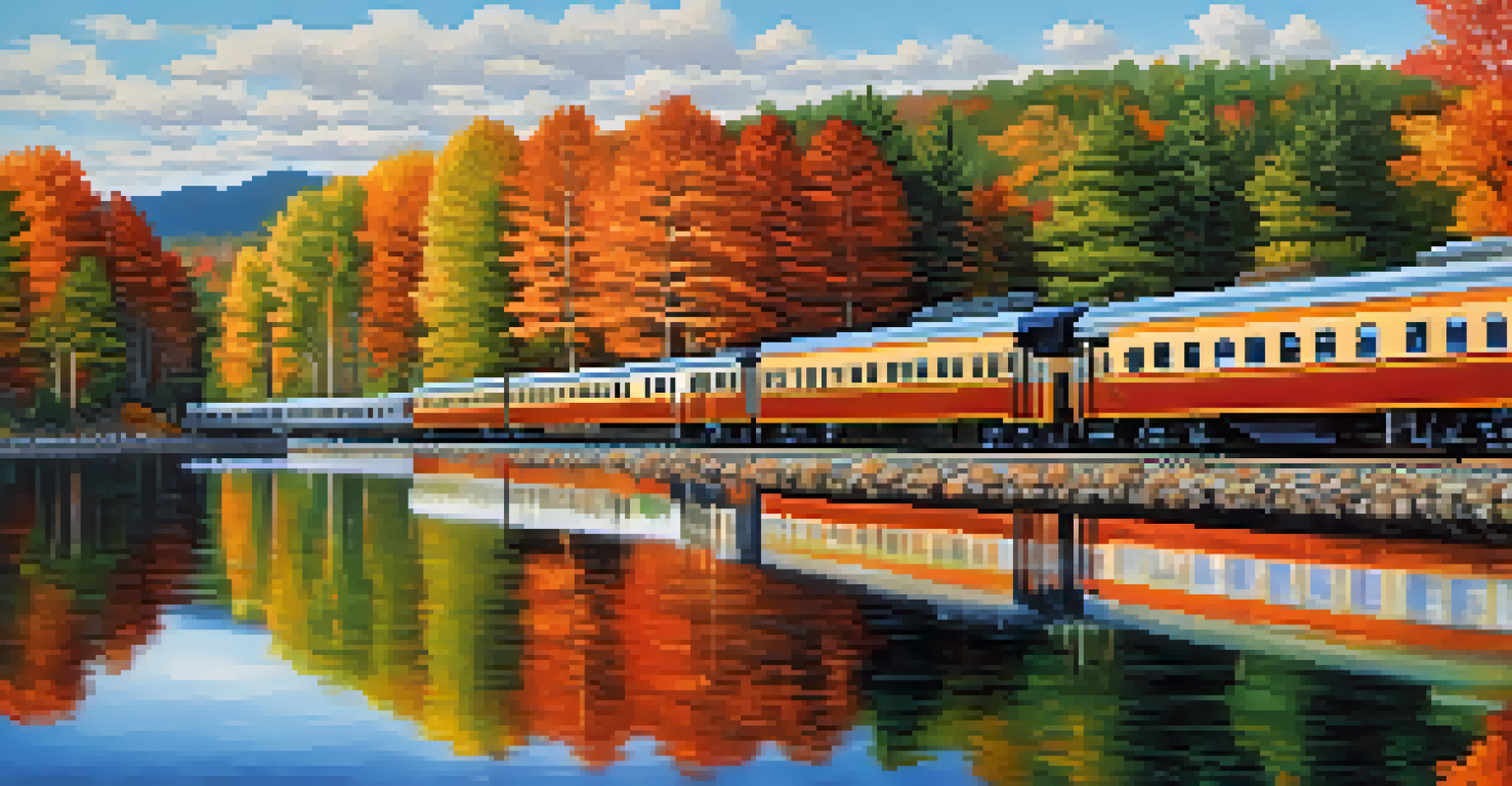 A train journeying through mountains with reflections of colorful trees in a lake, surrounded by charming towns.