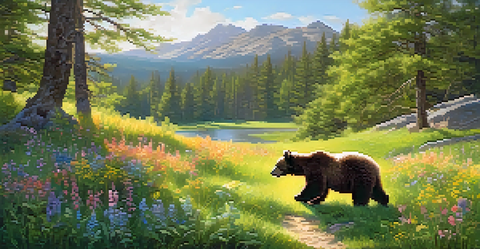 A spring landscape with a bear cub and a fawn in a meadow of colorful wildflowers, under soft sunlight.