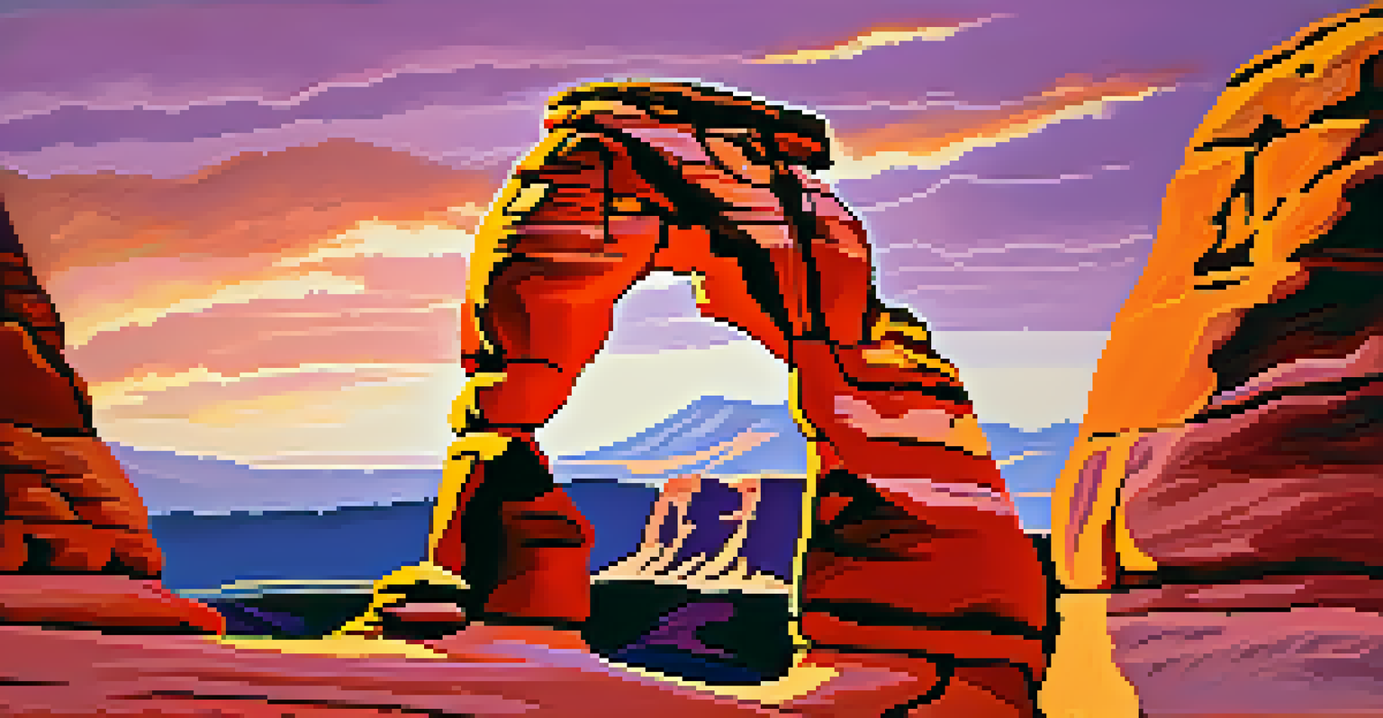 A colorful sunset view of Delicate Arch in Moab, Utah, against a backdrop of red rocks and mountains.