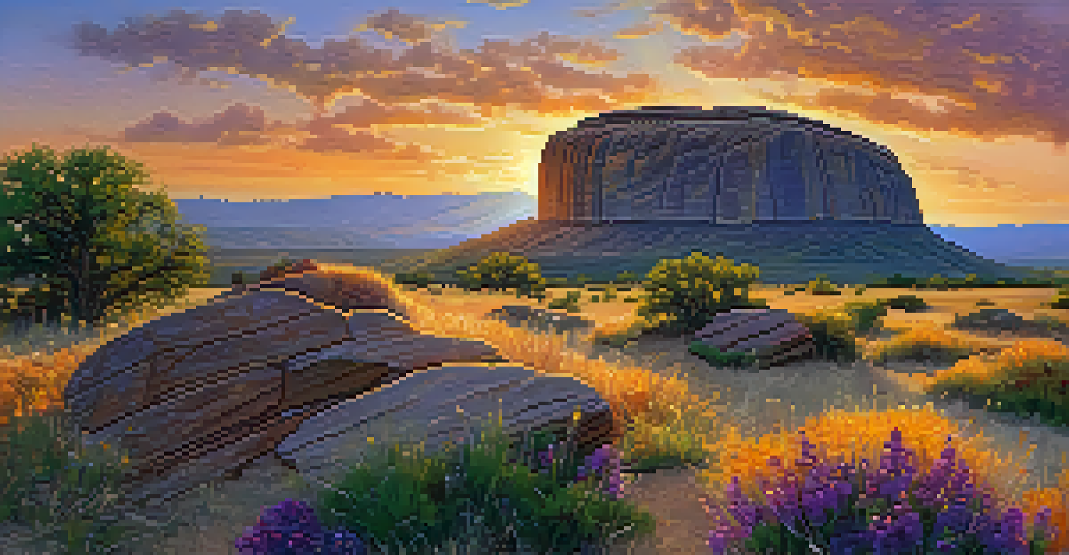 A close-up of Independence Rock with pioneer names carved into it, illuminated by a sunset.