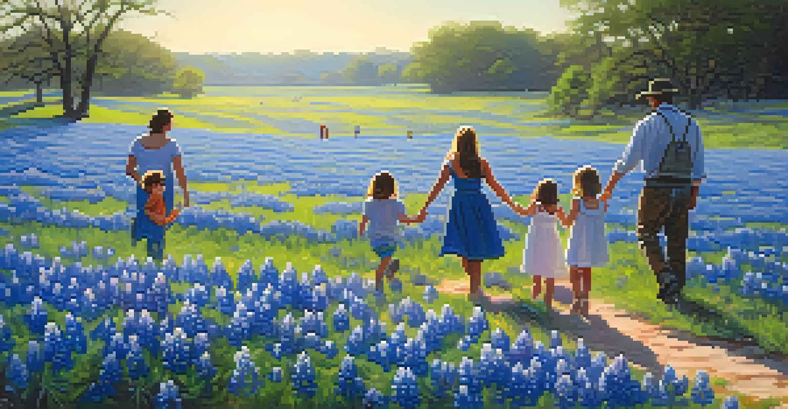Families participating in an Easter egg hunt surrounded by beautiful bluebonnet flowers under a sunny sky at the Texas Bluebonnet Festival.