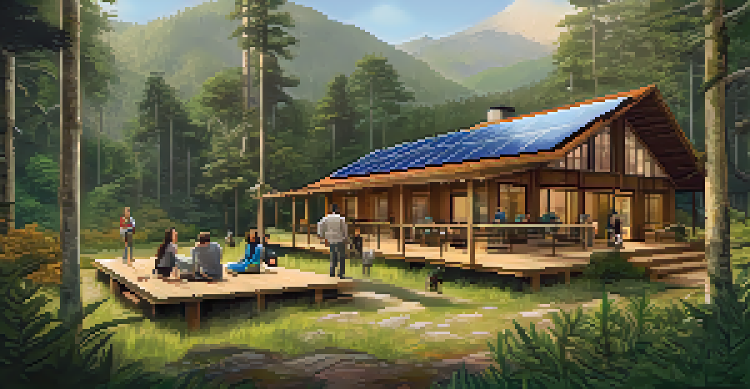 A sustainable eco-lodge nestled in a forest, with tourists learning about conservation efforts from a local guide, surrounded by native plants and wildlife.