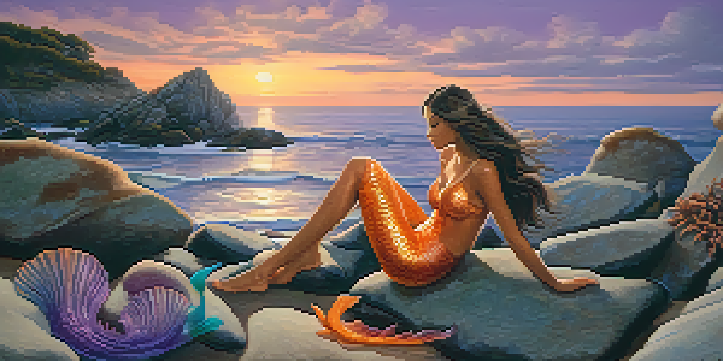 A picturesque sunset at the coast with a mermaid resting on rocks by the sea, surrounded by vibrant colors and gentle waves.