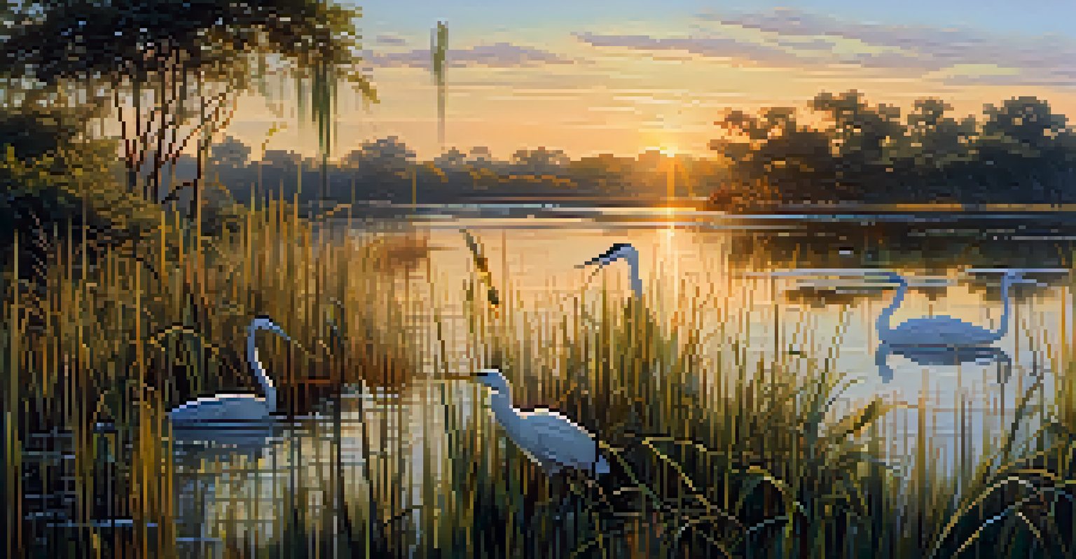 A wetland scene at golden hour with wading birds, lush greenery, and calm water reflecting the sun.