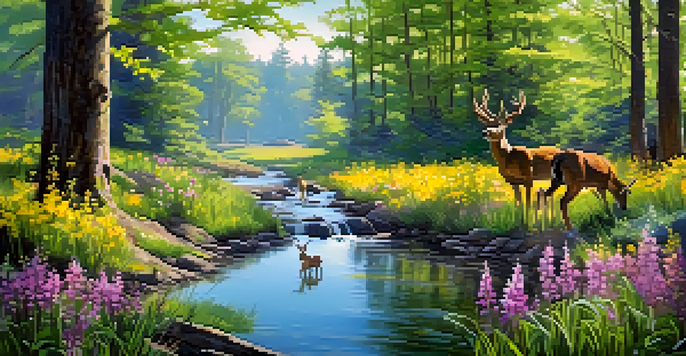 A colorful spring scene in a national park with blooming flowers, a stream, and grazing deer.
