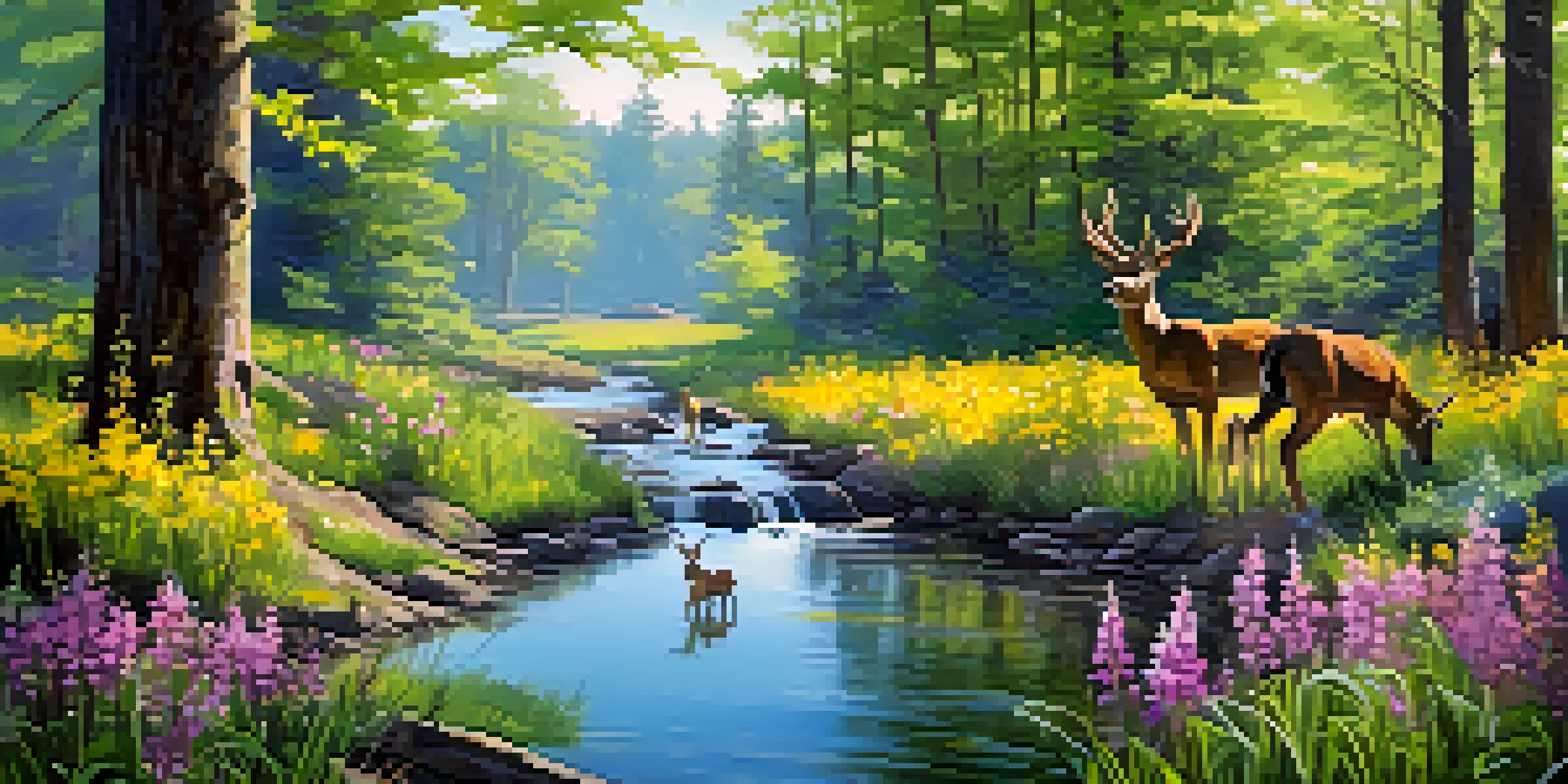 A colorful spring scene in a national park with blooming flowers, a stream, and grazing deer.