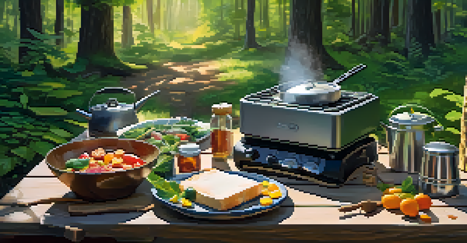 A camp stove and cooking utensils set up on a picnic table in a forest, with fresh ingredients visible.