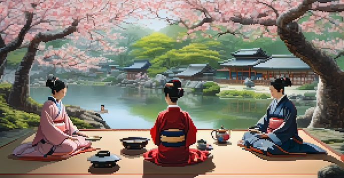 Participants from different cultures engaged in a traditional Japanese tea ceremony, surrounded by cherry blossoms and a serene garden.