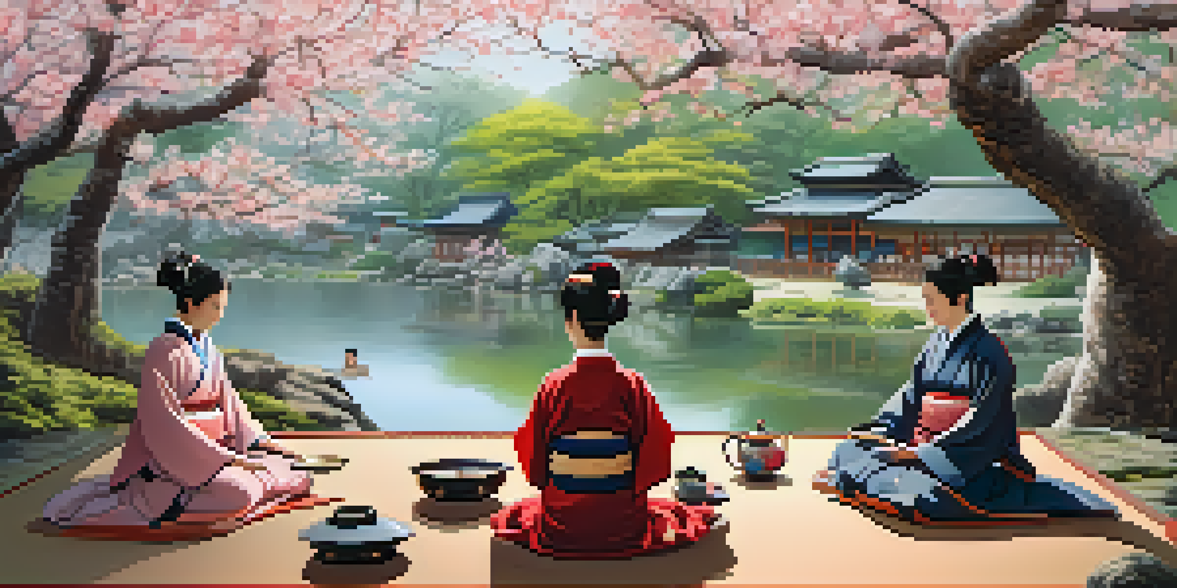 Participants from different cultures engaged in a traditional Japanese tea ceremony, surrounded by cherry blossoms and a serene garden.