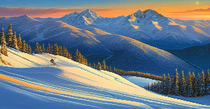 A scenic mountain landscape at twilight with skiers on illuminated snowy slopes under a sunset sky.