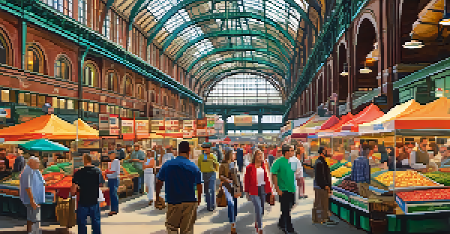 A lively depiction of Reading Terminal Market with colorful food stalls, showcasing the vibrant culinary culture of Philadelphia.