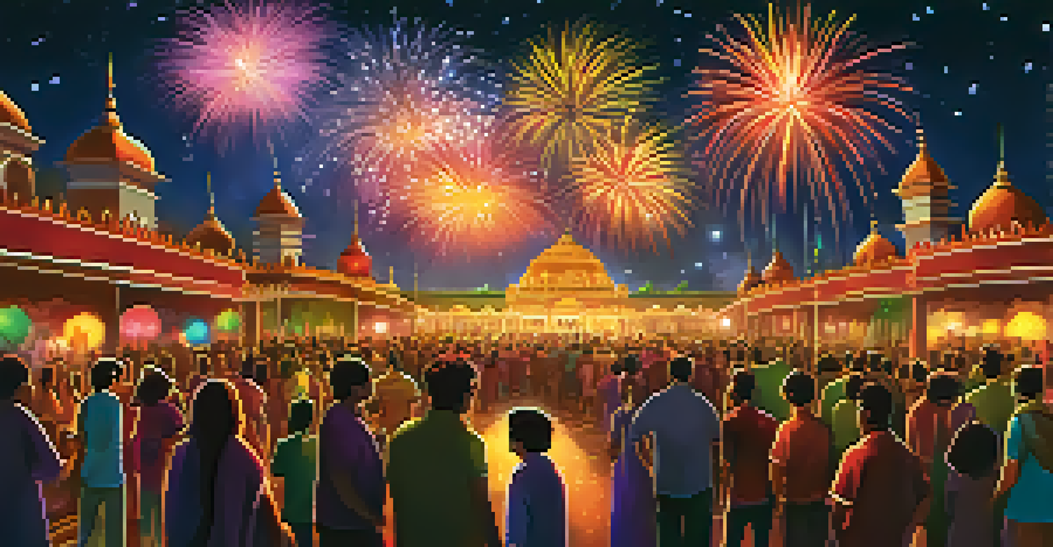 A night sky filled with colorful fireworks during Diwali celebrations, with a community gathering below.