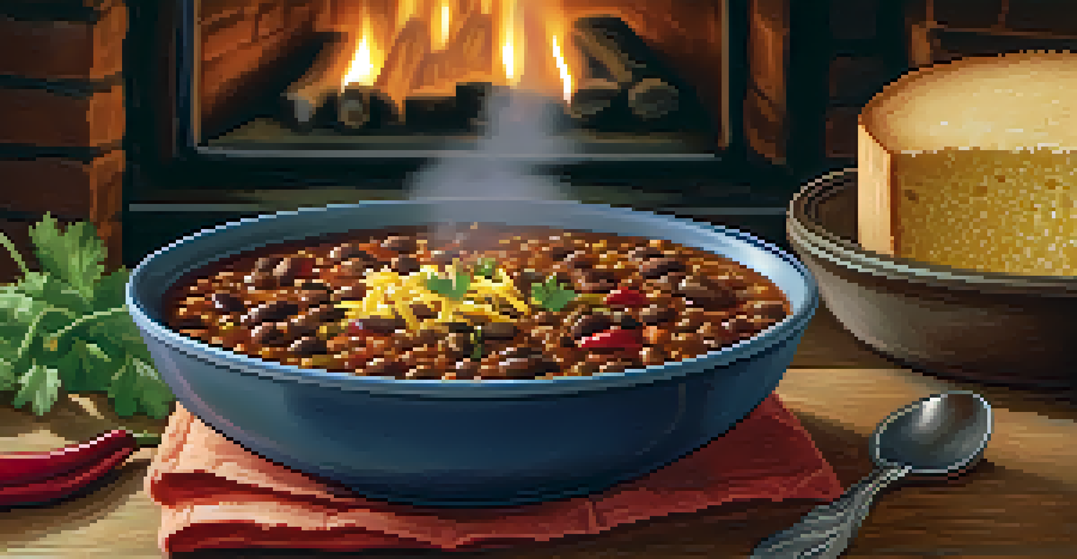 A bowl of chili with cornbread and iced tea on a rustic table, featuring a warm fireplace in the background.