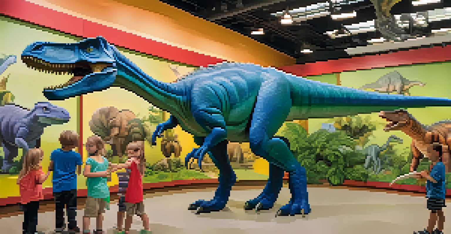 Children interacting with a life-sized dinosaur exhibit in a colorful children's museum.