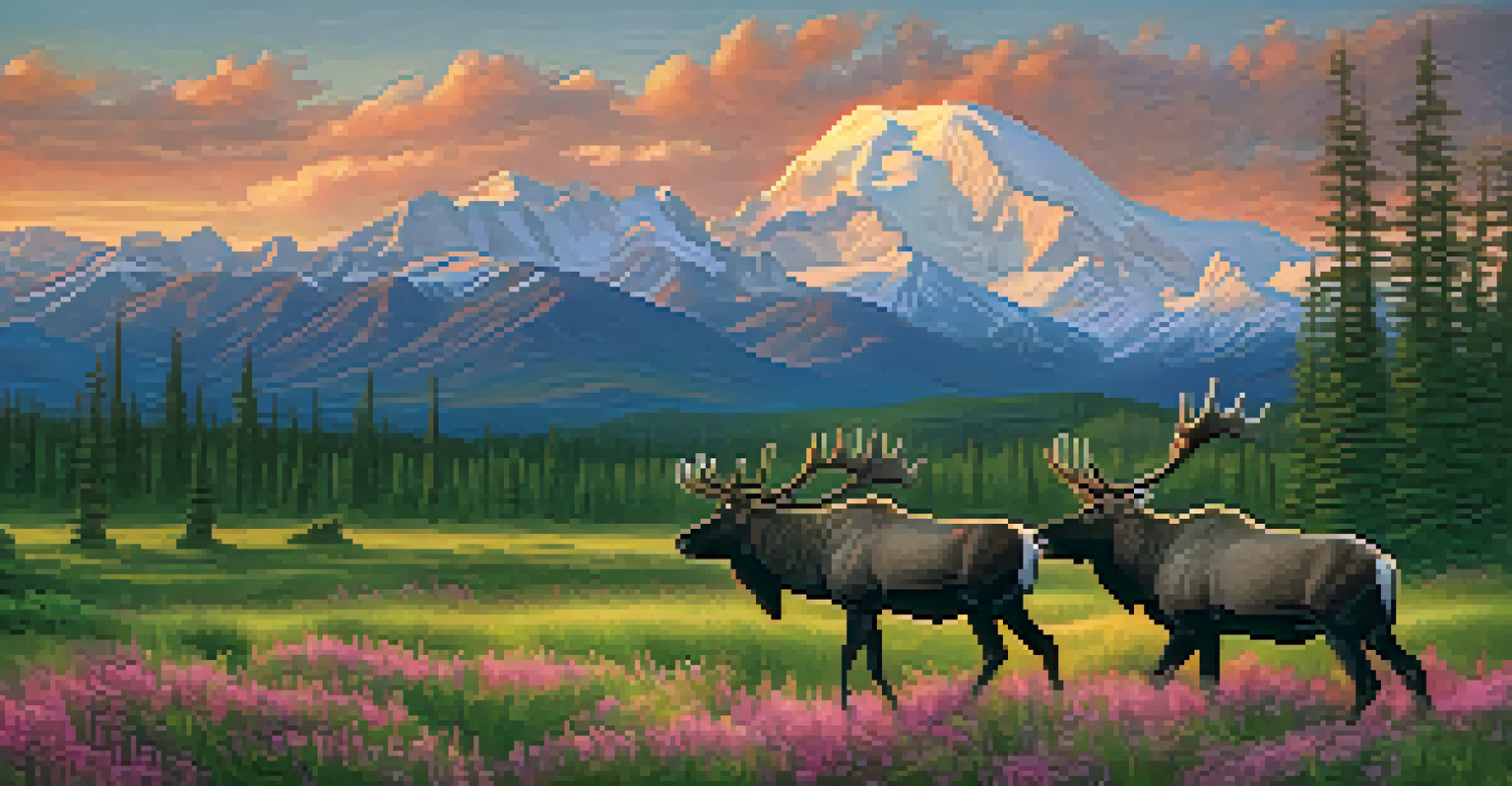 Sunset view of Denali National Park with Mount Denali and grazing caribou.