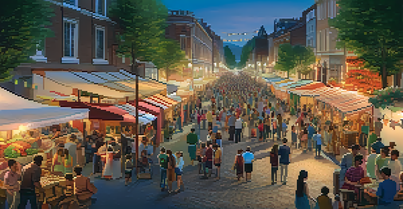 A community festival in a historic area, with stalls and people enjoying traditional crafts and foods.