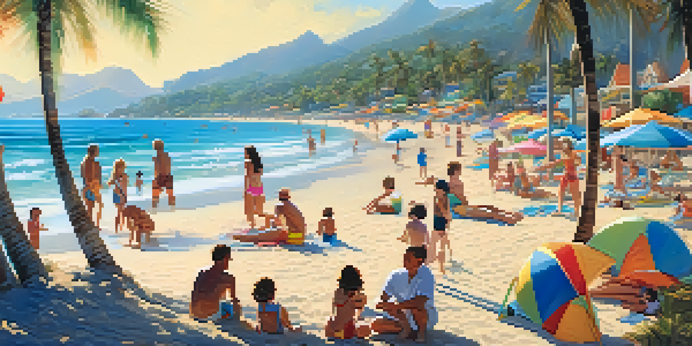 A lively beach resort with families playing beach volleyball, children making sandcastles, and adults relaxing under umbrellas, with the ocean and palm trees in view.