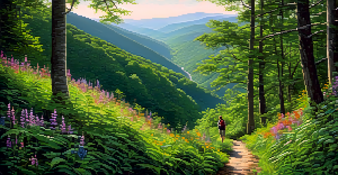 A hiker on the Appalachian Trail surrounded by lush green forest and colorful wildflowers, with rolling mountains in the background under dappled sunlight.