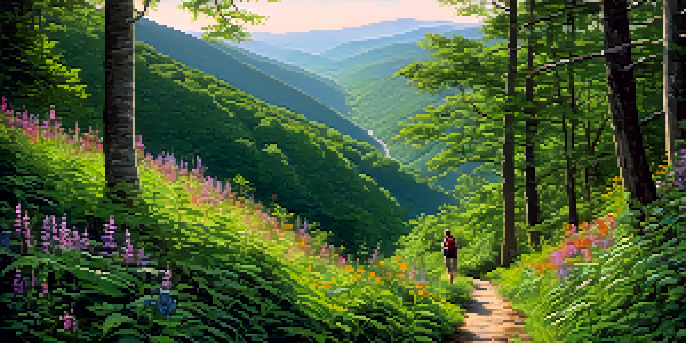 A hiker on the Appalachian Trail surrounded by lush green forest and colorful wildflowers, with rolling mountains in the background under dappled sunlight.
