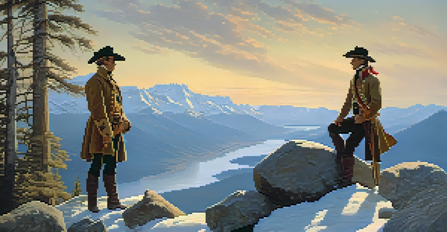 Lewis and Clark looking at the Rocky Mountains, dressed as early explorers.
