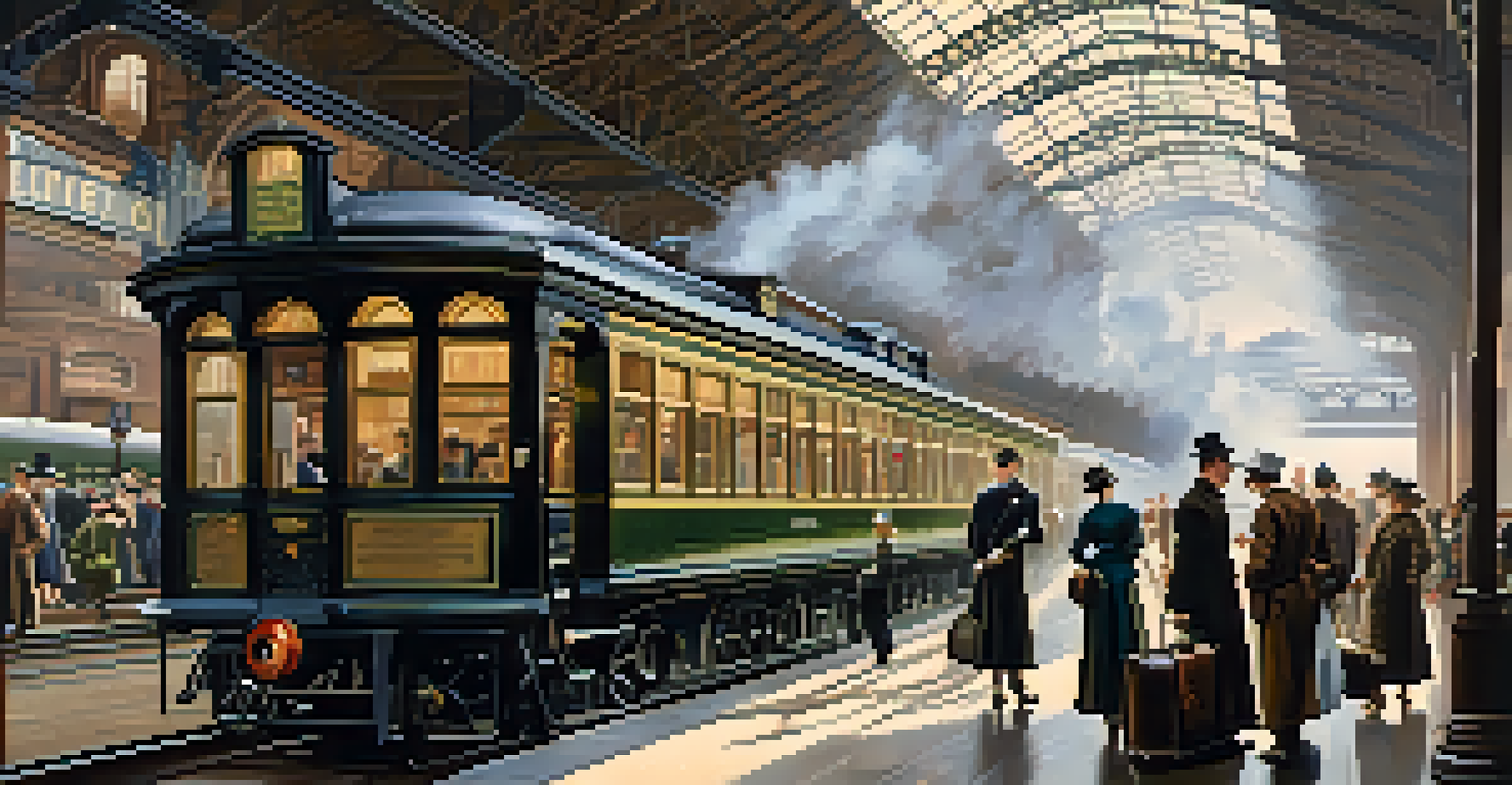 A historic train station filled with travelers in early 20th century clothing, with a steam train arriving and vintage signage.